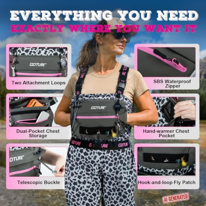 Goture 5-Layer Lepord Breathable Women's Fly Fishing Waders, Waterproof Neoprene Stockingfoot Waders w/Handwarmer - size: Small