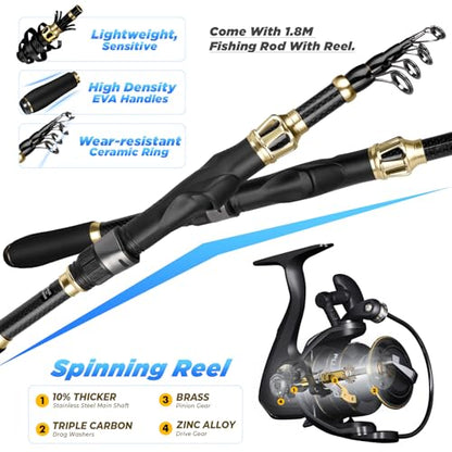 PLUSINNO Fishing Backpack with Fishing Rod and Reel Combos Tackle Boxes, Waterproof Tackle Backpack for Fishg Gear with Rod Holder, Fish Gifts for Men with Tool Kit - color: Black Camo Backpack With Rod and Reel Combo