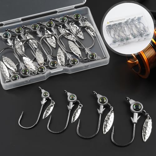 Underspin Jig Heads, 12pcs Crappie Jig Heads Swimbait Jig Heads with Spinner Blade 3D Eyes Fishing Jig Heads Hooks for Soft Plastic Swimbait Bass Walleye Trout Fishing 1/8oz 1/4oz 3/16oz 3/8oz - size: 3/8oz-12pcs