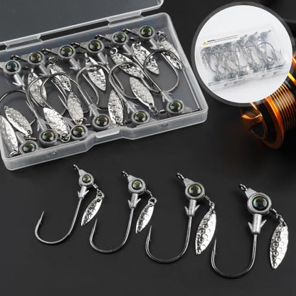 Underspin Jig Heads, 12pcs Crappie Jig Heads Swimbait Jig Heads with Spinner Blade 3D Eyes Fishing Jig Heads Hooks for Soft Plastic Swimbait Bass Walleye Trout Fishing 1/8oz 1/4oz 3/16oz 3/8oz - size: 3/8oz-12pcs
