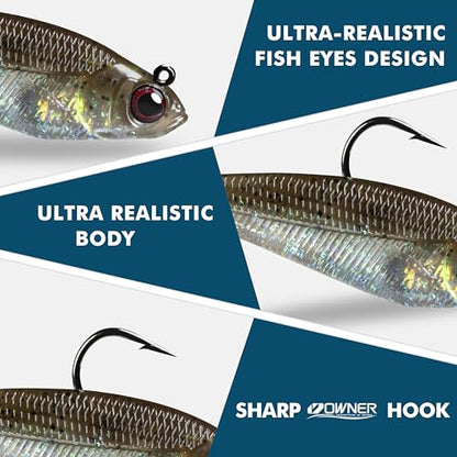 Pre-Rigged Soft Fishing Lures, Easy Catch Swimbaits for Bass Trout | Paddle & Curly Tail, Swim Baits for More Bites, Freshwater & Saltwater Fishing Bait, Crappie Walleye Pike Lures, Value Pack - color: A-2"-0.16oz