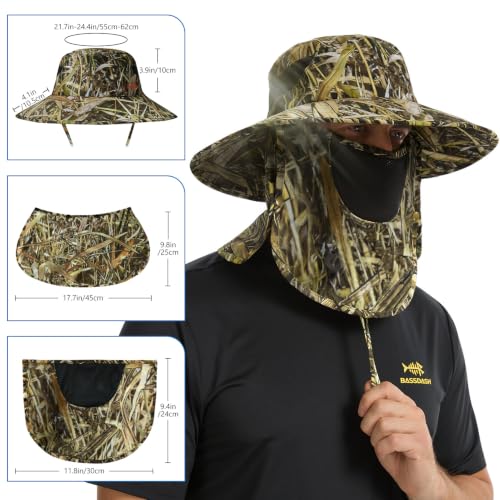 BASSDASH UPF 50+ Breathable Sun Hat with Removable Face Cover and Neck Flap Wide Brim Bucket Hat for Fishing Hiking Men Women - color: Marshreed