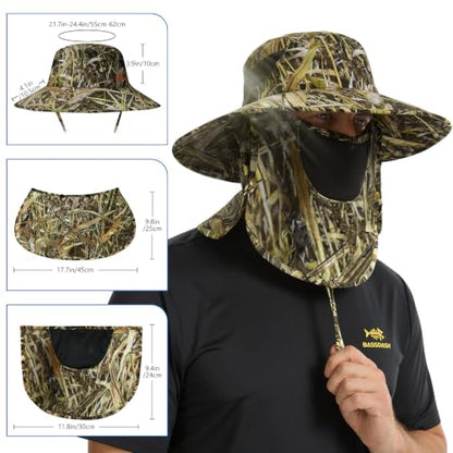 BASSDASH UPF 50+ Breathable Sun Hat with Removable Face Cover and Neck Flap Wide Brim Bucket Hat for Fishing Hiking Men Women - color: Marshreed