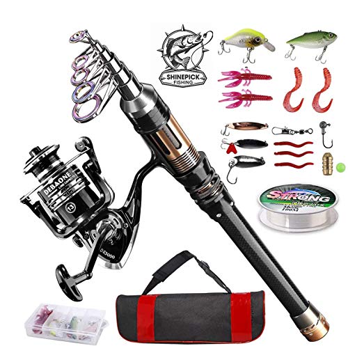 ShinePick Fishing Rod Kit, Telescopic Fishing Pole and Reel Combo Full Kit with Line Lures Hooks Carrier Bag for Travel Saltwater Freshwater Boat Fishing Beginners - color: 2.1M