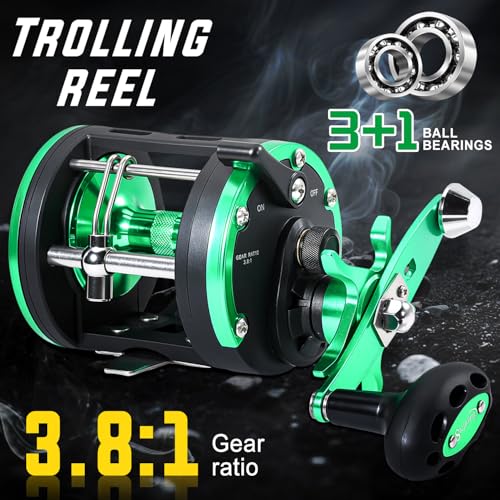 Sougayilang Round Baitcasting Fishing Reel –CNC Machined Aluminum Body Catfish Reel with 25LB Max Drag, Waterproof Trolling Reel with Level Wind & Magnetic Braking System for Musky Bass Pike - color: green-left handle