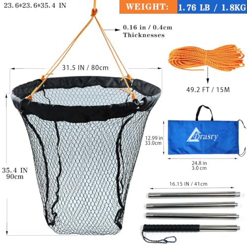 Drasry Large Collapsible Bridge Pier Fishing Net Landing Net with Rod, High Load Aluminum Ring Drop Net for Saltwater and Freshwater Pier Fishing Basket with 49.2 ft. Rope - color: Black, size: 31.5 x 31.5 x 35.4", style: 0.99*0.59 in Mesh