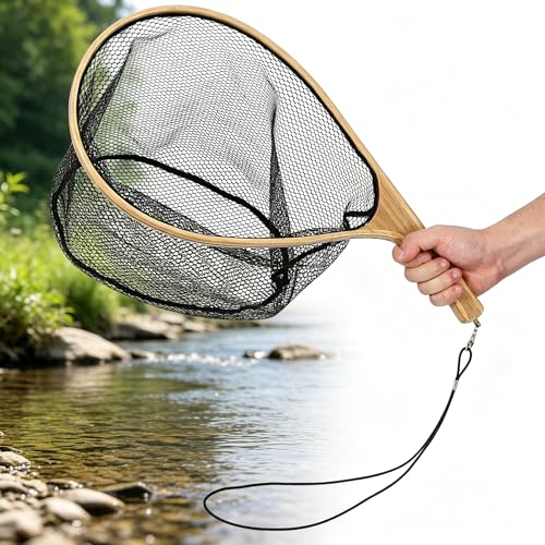 Jojoka Wooden Fly Fishing Landing Net, Curved Ergonomic Handle, Rubber-Coated Deep Mesh, Fish-Friendly Catch & Release, Lightweight Portable for Trout Freshwater Saltwater, with Lanyard & Carabiner