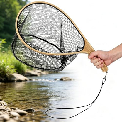 Jojoka Wooden Fly Fishing Landing Net, Curved Ergonomic Handle, Rubber-Coated Deep Mesh, Fish-Friendly Catch & Release, Lightweight Portable for Trout Freshwater Saltwater, with Lanyard & Carabiner