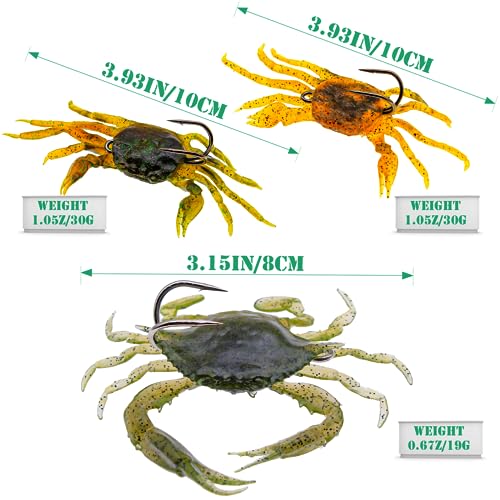 3Pcs Fishing Soft Plastic Lures Crab Soft Lure with Double Fishing Hooks Crab Baits Traps Kit for Bass Saltwater Fishing