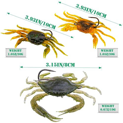 3Pcs Fishing Soft Plastic Lures Crab Soft Lure with Double Fishing Hooks Crab Baits Traps Kit for Bass Saltwater Fishing