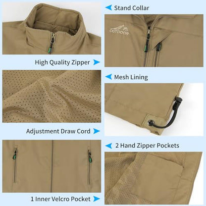KIWI RATA Mens Casual Lightweight Outdoor Vest Summer Fishing Safari Travel Outerwear Vests Cargo Utility Jacket - color: Khaki, size: XX-Large