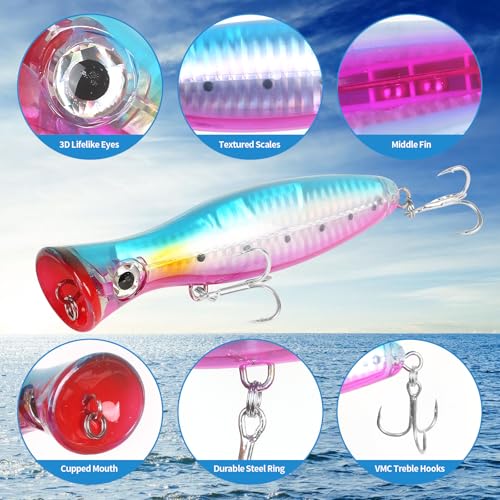 Large Top Water Popper Lure: 2pcs 3D Eyes Tuna Popper Saltwater Fishing Lures for Surf Fishing Gt Tuna Kingfish Large Predator Fish - color: Light Yellow Green