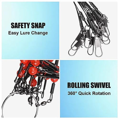 Fishing Leader Rigs Saltwater Freshwater Stainless Steel Wire Leader Fishing Rigs with Swivels Snaps Beads 1-3 Arms Saltwater Rig Wire Bottom rigs for Trolling Pier Surf Fishing Tackle - color: Black-2 Arm-12pcs