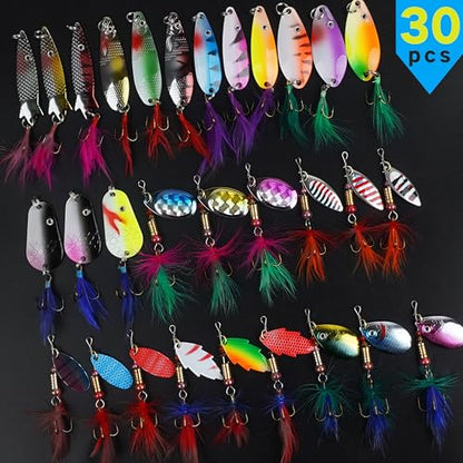 Rooster Bait Tail Spinner Fishing Lures Kit,30pcs Metal Spoon Lures with Feathered Treble Hooks for Bass Walleye Trout Freshwater Saltwater