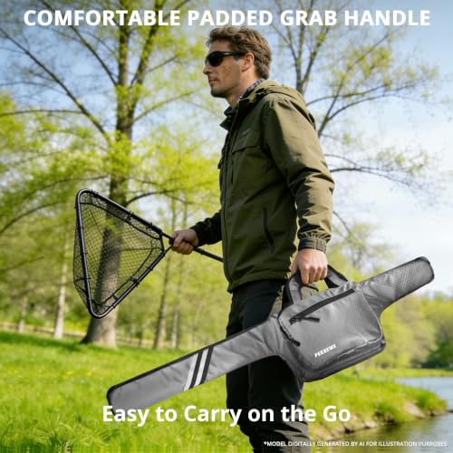 PEKREWS Fishing Rod Case, 52inch Fishing Pole Bag (3.9ft-4.4ft) with Tackle Pockets, Fits Break-Down Spinning, Casting Rod Reel Combo, Padded Soft Rod Bag with Strap Handle, Pole Travel Case, Grey