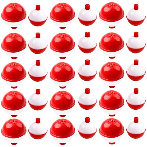 Fishing Bobbers Hard ABS Bobbers Snap-on Fishing Floats Push Button Round Buoy Float Bobbers for Crappie Panfish Walleyes Red and White 0.75"/1"/1.25"/1.5"/1.75"/2"/2.5" - size: 1.0+1.5(mix two size) - 30pcs