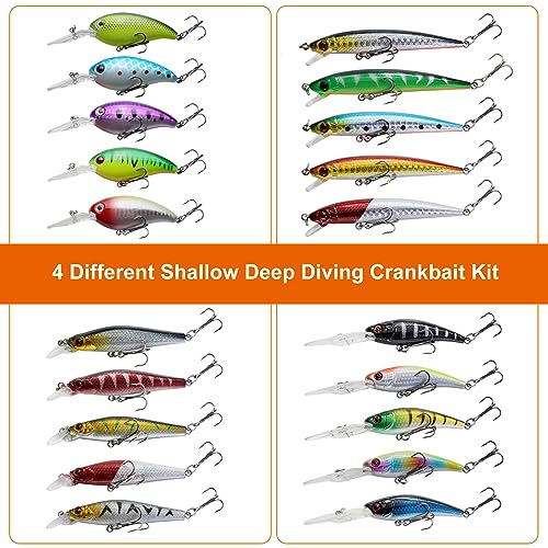 Minnow Crank Baits Fishing Lures Kit Crankbaits with Hooks for Saltwater Freshwater, Lure kit for Trout Bass Salmon Fishing