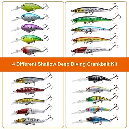 Minnow Crank Baits Fishing Lures Kit Crankbaits with Hooks for Saltwater Freshwater, Lure kit for Trout Bass Salmon Fishing