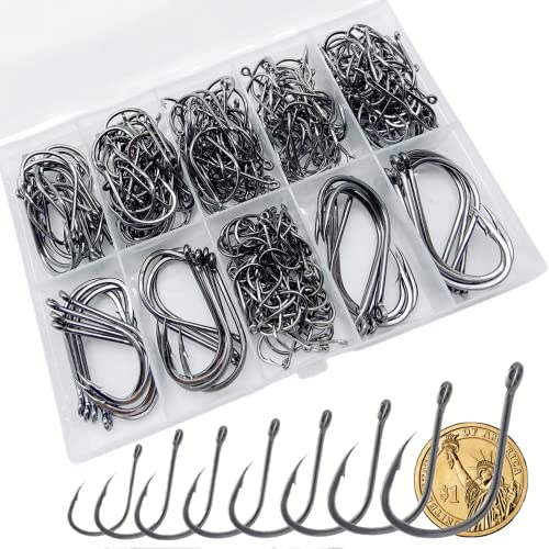 310Pcs/Box （22# ...15# 10# Fishing Hook, Forged Steel/Barded Design, 8 Sizes Universal Octopus Fishing Hooks Set， Sharp/High Carbon/Hook Eye, Suitable Sizes in Freshwater Saltwater