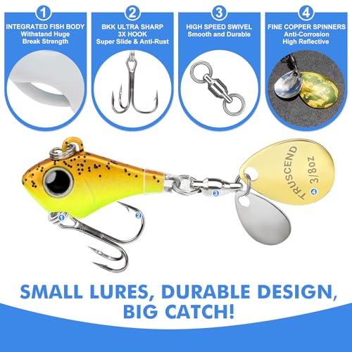 TRUSCEND Vibespinner Easy Catch Fishing Lures with BKK Hooks, Tail Spinner Baits with 4 Actions, Vibrating Swimming Flashing & Jigging for More Bites, Spoon Lures for Bass Trout Crappie Walleye Pike - color: A2-3/8oz-10.5g