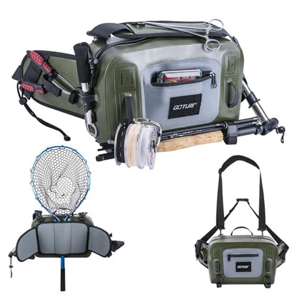 Goture Waterproof Fishing Waist Pack, IPX8 840D TPU Large Tackle Bag with Rod Holder, Airtight Zipper Closure, Fly Fishing Bag with Adjustable Waist Strap for Stream,Kayaking,Boating,Sling Fanny Pack - color: A1:9L Waterproof Tackle Bag