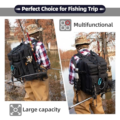 TBNBO 45l Large Fishing Tackle Backpack with Removable Plier Holder & Rod Holders, Fishing Gear and Tackle Box Organizer, Hiking Rucksack without Tackle Box,Black Tactical Bag - color: Black