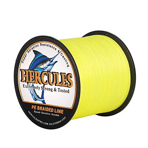 HERCULES Cost-Effective Super Cast 8 Strands Braided Fishing Line 10LB to 300LB Test for Salt-Water,109/328/547/1094 Yards(100M/300M/500M/1000M),Diam.#0.12MM-1.2MM,Hi-Grade Performance,Variety Colors - color: Fluorescent Yellow, size: 20LB-0.20MM-1640YDS(