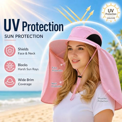 HUAMULAN Women Large Brim Sun Hat with Neck Flap, Men Quick Dry Hiking Fishing Safari Hat UPF 50+ - color: Yq005-pink