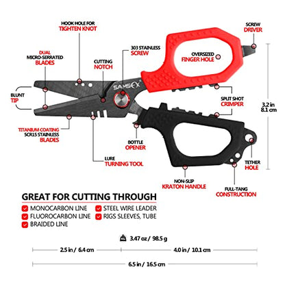 SAMSFX 6.5" Pro Fishing Shears Dual Serrated Blades, Fishing Braided Line Scissors with Titanium Coating, Non-Slip Grip & Multifunction Tool, Includes Hard Molded Locking Sheath & Coiled Lanyard - color: A: Black & Red Kraton Handle, Hard Sheath