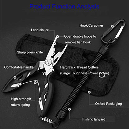Fishing Pliers, Multi-Function Hook Remover Split Ring Fishing Gears Accessories, Stainless Steel Line Cutter with Sheath and Lanyard Fly Fishing Tools Set