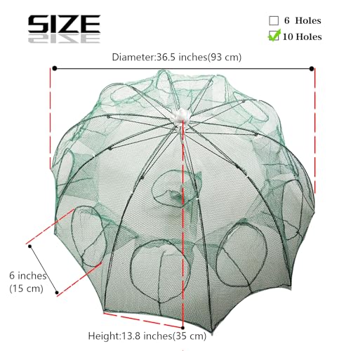 Collapsible Crawfish Trap 2Pcs, Foldable Lobster Crab Trap with Rope, 36.5" Portable Fishing Bait Trap Crawfish Trap Minnow Trap, 6/10 Holes Large Space Umbrella Fishing Net