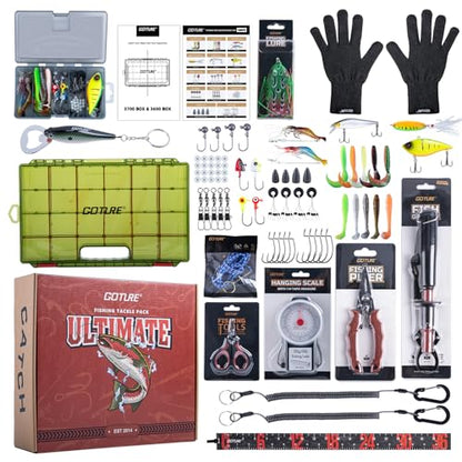 Goture Fishing Lures with Tackle Box and Fishing Tool Kit Set for Adults, Include Fish plier, Fish Ruler, Fishing Gripper,Gloves Weigh Scale with Gift Box - color: Gift Boxed, size: Tools Set+Lure Kit+Scale+CR Gloves