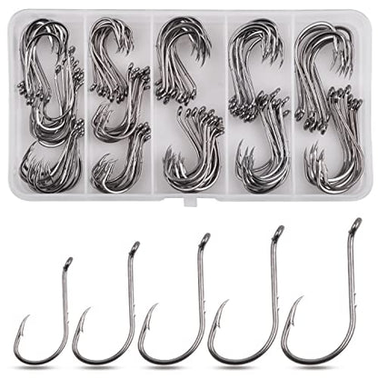 Octopus Baitholder Fishing Hooks Kit,130pcs Offset Octopus Circle Hooks Set Catfish J Hooks High Carbon Steel Barbed Jig Fishhooks for Freshwater Saltwater Size 1/0-5/0