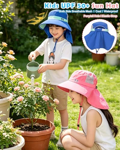 Kids Sun Hat Neck Flap UPF 50+ Quick-Dry Wide Brim Breathable Fishing Beach Hat for 6-12T Boys Girls Summer