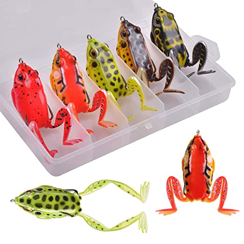 Frog Lures, 5pcs Soft Frog Lure Ray Frog Fishing Lures Weedless Baits Realistic Swimbaits Hollow Body with Double Hook Tackle Box for Bass Pike Snakehead