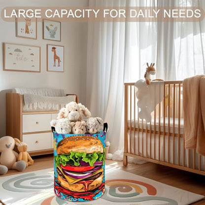 Cheeseburger Laundry Basket Hamper 19.7"x15.8", Food Art Foldable Waterproof Oxford Clothes Storage Bucket for Room Bathroom Bedroom Nursery Decor, Toy Organizer Bins Gifts for Kids Boys Girls - style: Cheeseburger
