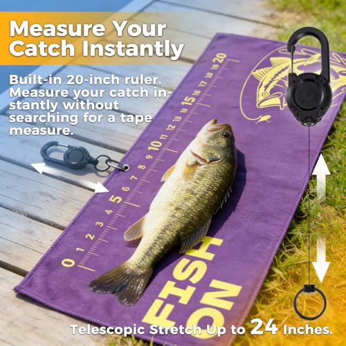 2PCS Fishing Towel, 25.5" X9.8", Microfiber | Built-in Ruler and Retractable Carabiner Clip, Premium Microfiber Towel , Bass Accessories, Fishing Gifts for Men Dad
