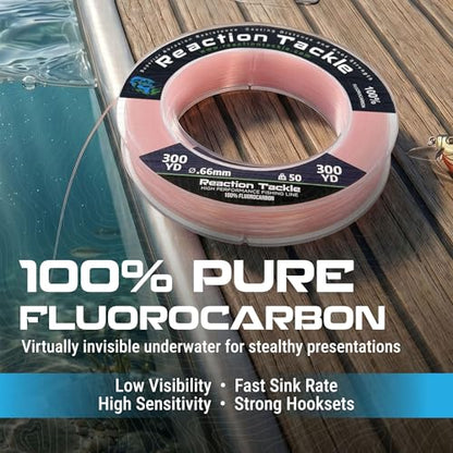 Reaction Tackle 100% Pure Fluorocarbon Fishing Line - High Strength, Abrasion-Resistant, Fast-Sinking, Virtually Invisible - Saltwater and Freshwater Leader Line - color: Pink, size: 17lb (125 Yards)