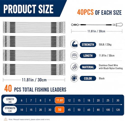 Stainless Steel Fishing Wire Leaders, Black Coated & Uncoated Options, Heavy Strength 31–100LB, 6–21in Multi Sizes with Rolling Swivels Snaps for Salt Fresh Water Shark Pike Barracuda - color: 40pcs-11.81in(70LB)