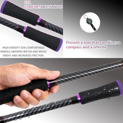24-Ton Carbon & Fiberglass Spinning/Casting Rod, Lightweight 2-Piece Sensitive Fishing Rod with Ceramic Guides & Split-Grip Handle for Bass, Trout, Pike - color: A-Purple- Casting- 6'0"