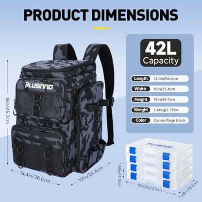 PLUSINNO Fishing Tackle Backpack with Rod Holders，42L Water-resistant Fishing Bag Store Fishing Gear, Fisher Gifts For Men. - color: Black Camo（4 Tackle Boxes Included）