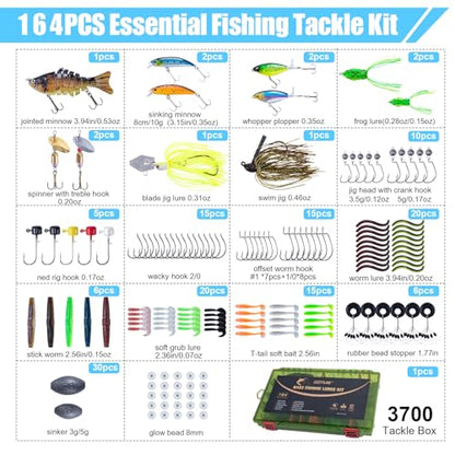 Goture Fishing Lures Kit,164pcs Bass Fishing Kit Including Soft Plastic Baits, Worms, Minnow, Crankbaits, Hooks,Swivels,Sinker Weights,3700 Tackle Box, Freshwater Fishing Gear Lure Set, Gifts of Men - color: A:164pcs Fishing Lures Kit