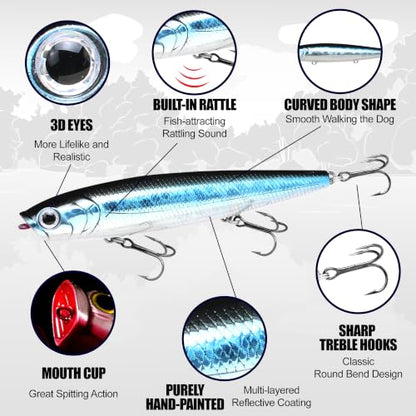 LUCKY CRAFT Gunfish 95 3 Hook Freshwater Fishing Lures and Bait for Bass Fish, Topwater Fish Line, Surface Bait with Treble Hooks, Fishing Gear for Tackle Box - color: 074 Chrome