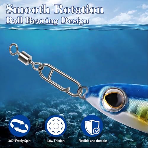 55Pcs High Strength Fishing Swivels, Stainless Steel Speed Clips with Barrel Swivels, Saltwater/Freshwater Snaps Swivel Change Quick Clips Snap Black Nickel