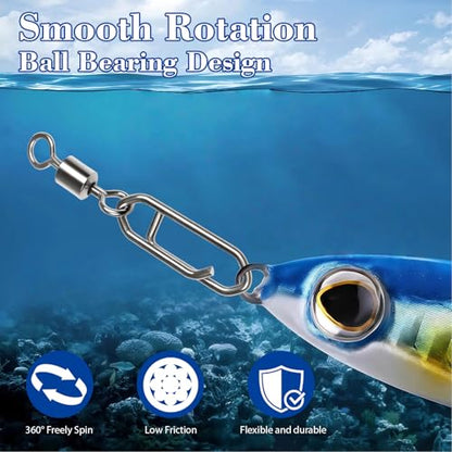 55Pcs High Strength Fishing Swivels, Stainless Steel Speed Clips with Barrel Swivels, Saltwater/Freshwater Snaps Swivel Change Quick Clips Snap Black Nickel