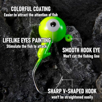 Alwonder 30-Pack Fishing Jig Heads Kit, Round Ball Crappie Jig Head with 3D Eyes, 1/32-3/8oz Jigs Heads for Bass Fishing Trout Crappie Perch Bluegill Walleye, Live Soft Baits Lures Jigs Hooks - size: 3/16OZ