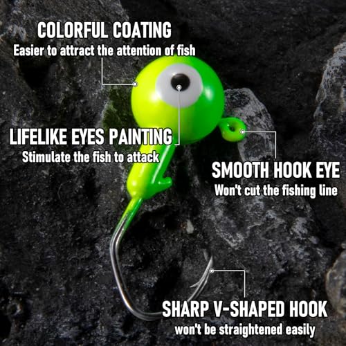 Alwonder 30-Pack Fishing Jig Heads Kit, Round Ball Crappie Jig Head with 3D Eyes, 1/32-3/8oz Jigs Heads for Bass Fishing Trout Crappie Perch Bluegill Walleye, Live Soft Baits Lures Jigs Hooks - size: 3/8OZ