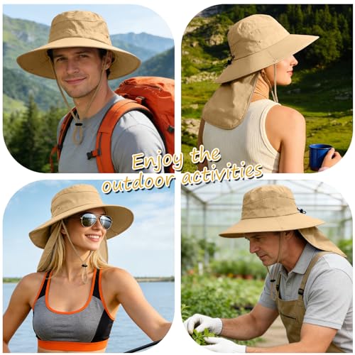Sun Hats for Men Women, UPF50+ Protection Safari Hat,Wide Brim Fishing Hat with Neck Flap,Bucket Hats for Beach Hiking - color: Khaki