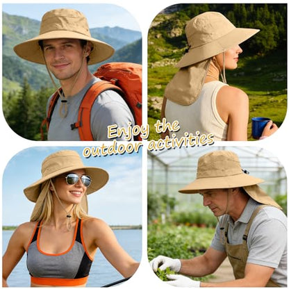 Sun Hats for Men Women, UPF50+ Protection Safari Hat,Wide Brim Fishing Hat with Neck Flap,Bucket Hats for Beach Hiking - color: Khaki