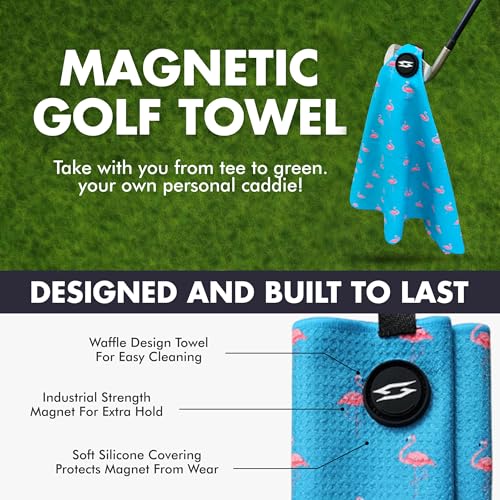 Magnetic Microfiber Waffle Golf Towel – Large 16"x24" Clean Golf Club Ball Magnet Clip to Hang on Bag Cart Strong Premium Ultra Absorbent Gear Blue Flamingo Men (Small Flamingos) - color: Small Flamingos